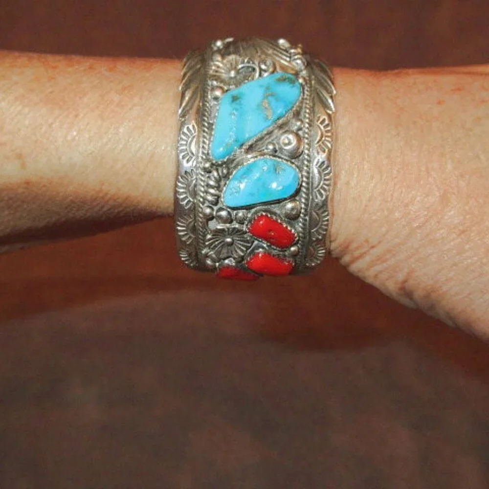 Vtg Navajo Sterling Silver Turquoise Coral Cuff Bracelet Signed Southwestern 78g